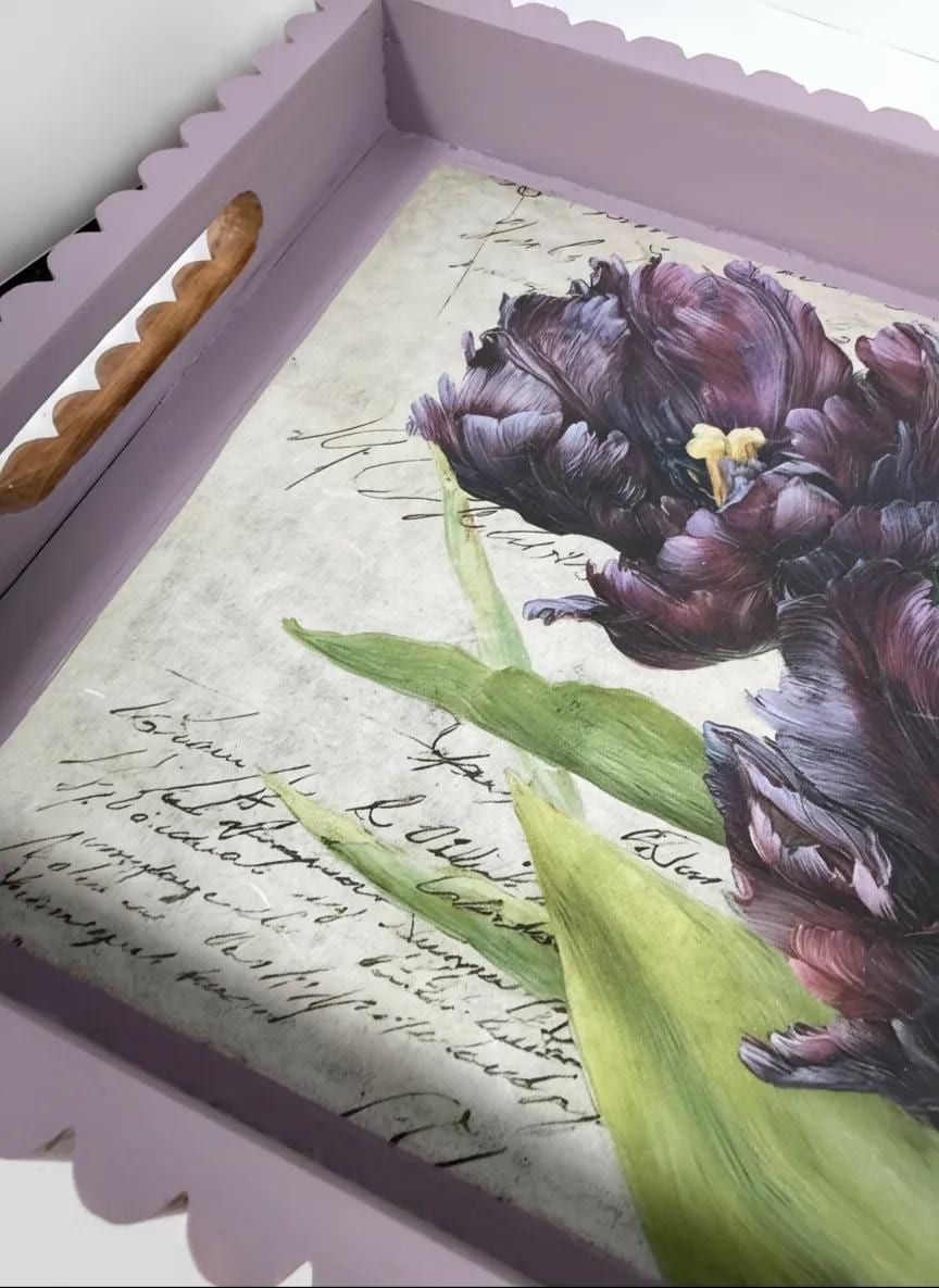 Purple Tulip Wood Tray, Lavender Botanical Decoupage Tray, 19.25x11.25 In by Mikela Lindel Home