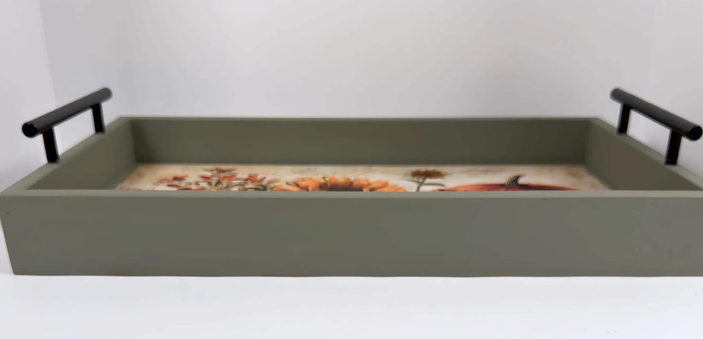 Fall Decorative Wood Tray, Pumpkin Sunflower Decoupage, Thicket Green by Mikela Lindel Home
