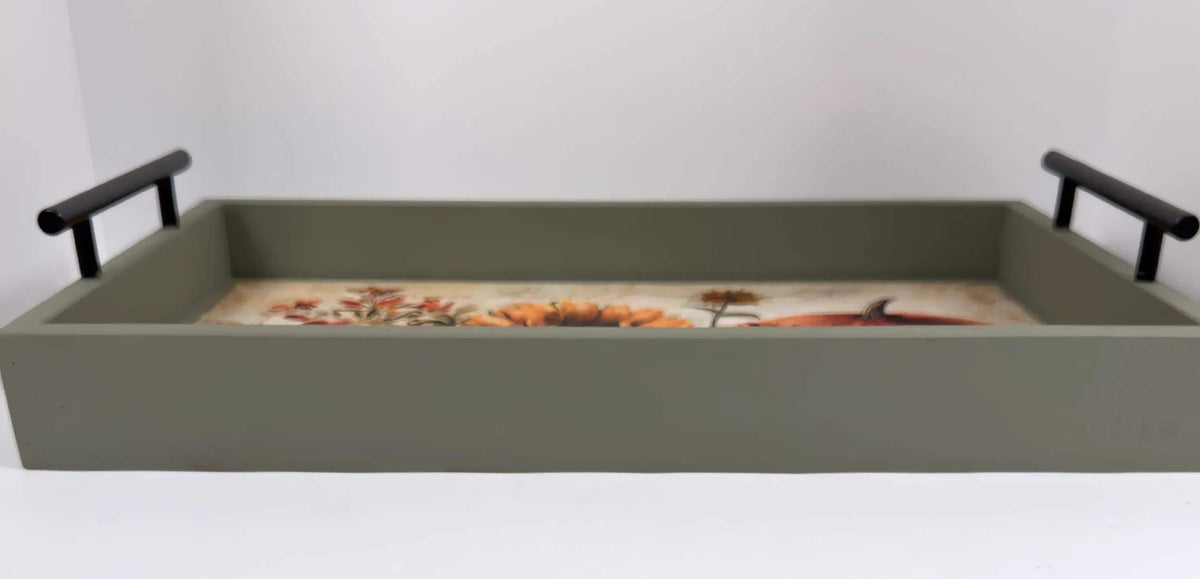 Fall Decorative Wood Tray, Pumpkin Sunflower Decoupage, Thicket Green by Mikela Lindel Home