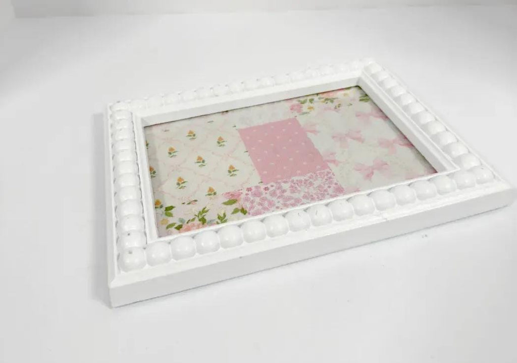 Decorative Baby Shower Tray, White Beaded Pink Patchwork, 6.5x8.5