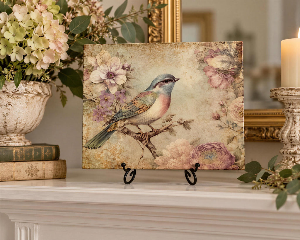 a decorative piece of art depicting a colorful bird perched on a branch, surrounded by flowers and foliage. The art piece is displayed on a white shelf, with a vase of flowers and a mirror in the background.