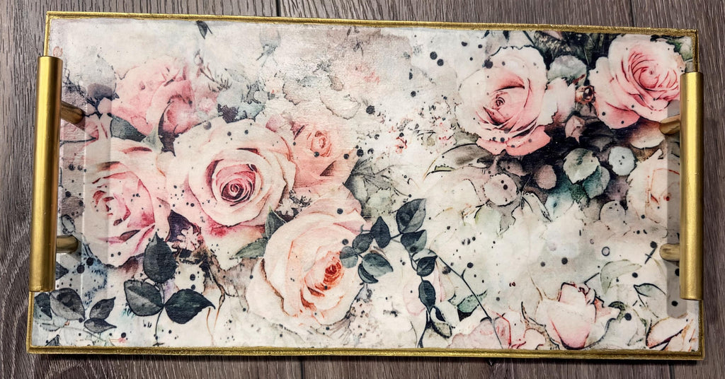 Decorative Floral Tray, Pink Rose, Brushed Gold Accents, 15.75"x8 by Mikela Lindel Home
