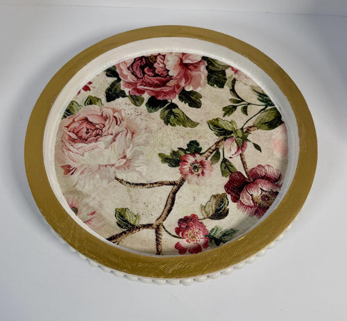 Decorative Floral Tray, 11.75 Inch Footed Wood Rose Riser, Handmade by Mikela Lindel Home