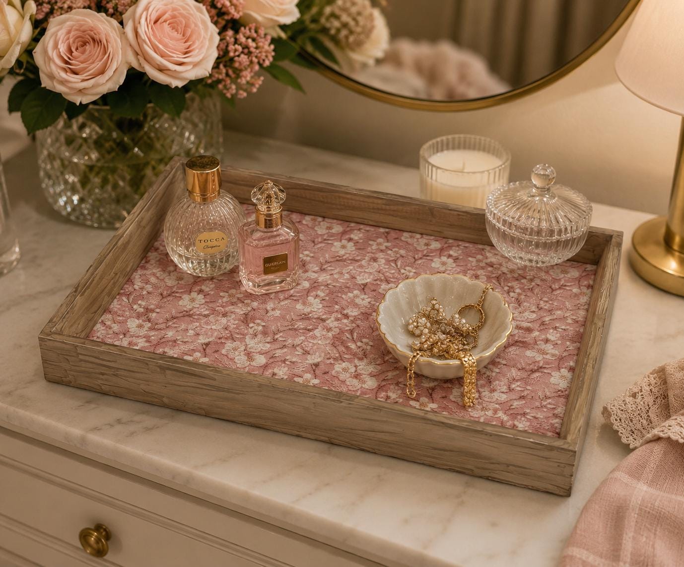 Embroidered-Look Floral Fabric Vanity Tray: 14.5"x11.5"