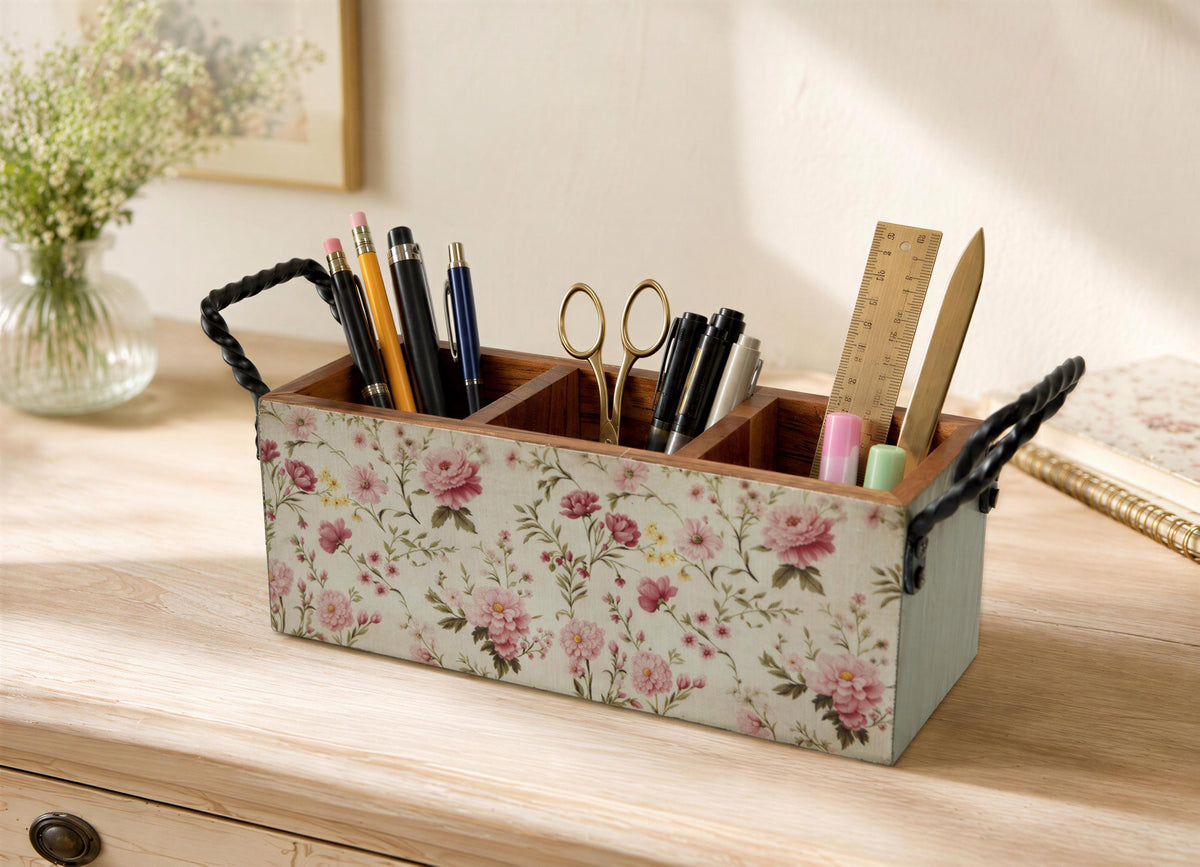 A wooden desk with a floral patterned container holding various office supplies, including pens, pencils, scissors, and a ruler.