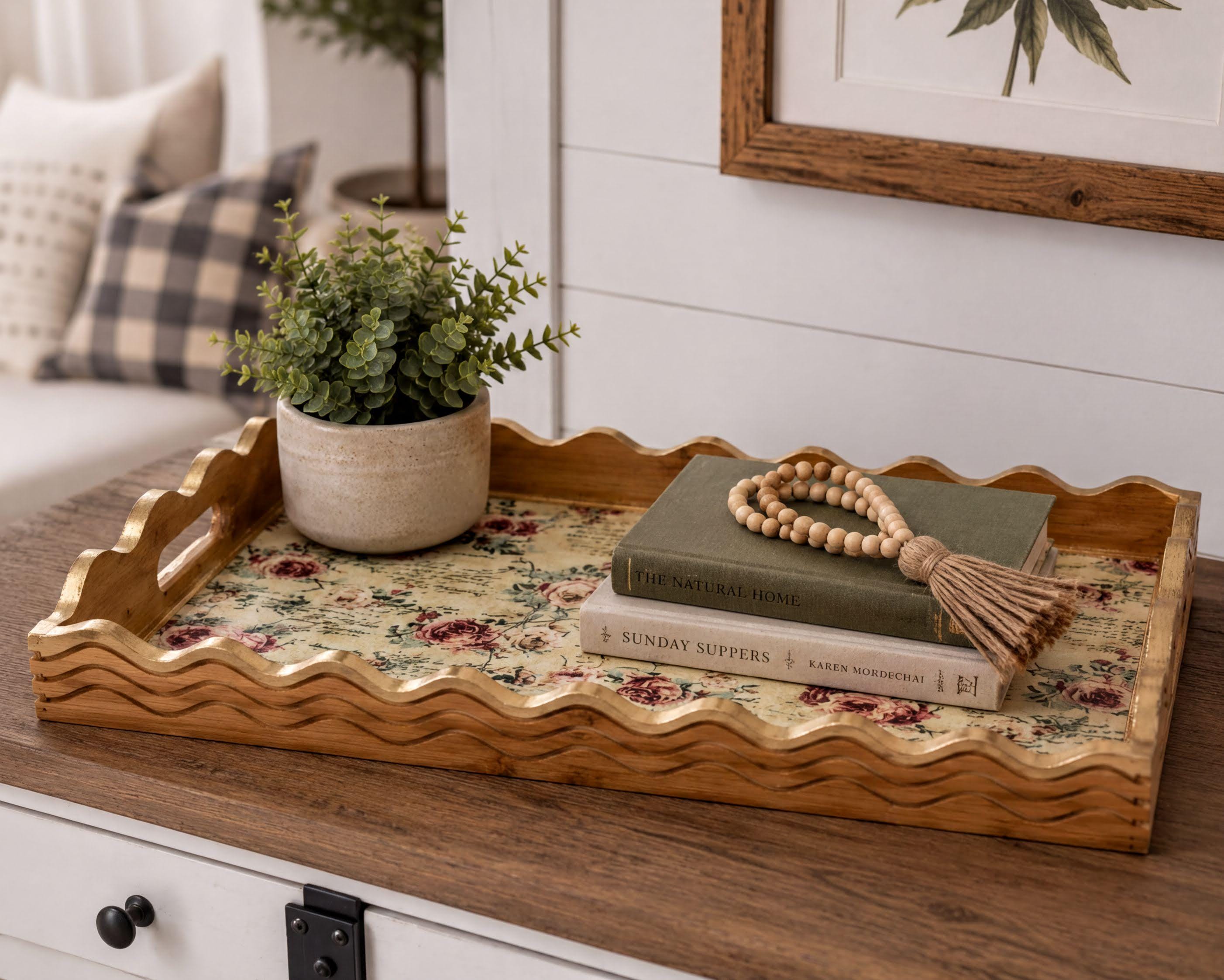 Floral Wood Tray with Gold Leaf: 17"x10"
