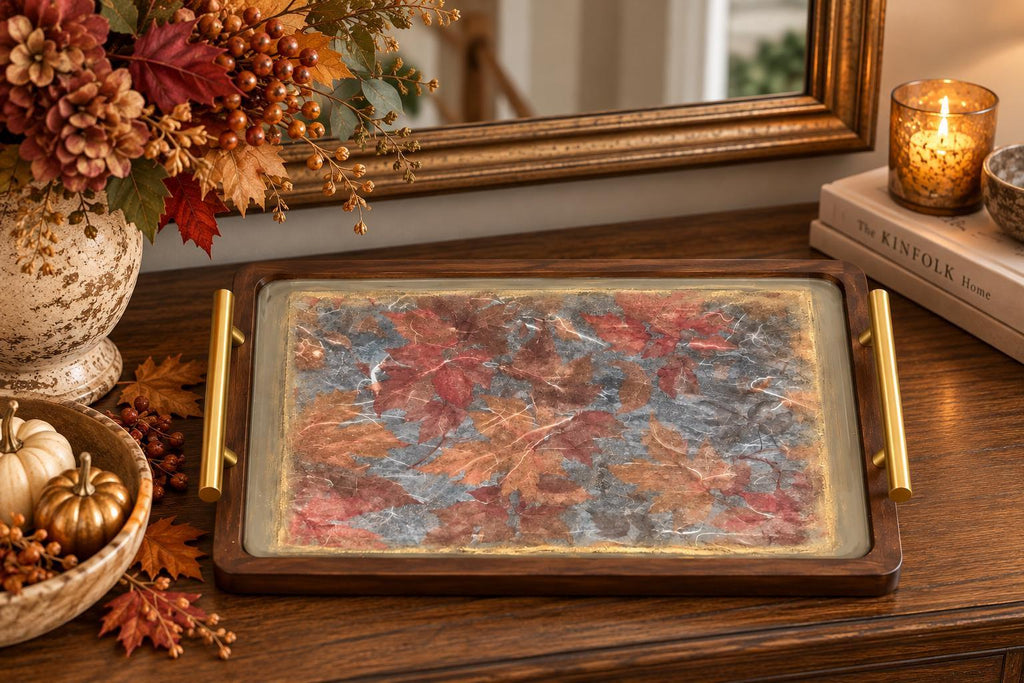 Fall Decorative Tray, Autumn Leaves Wood, Gold Handles, 14"x9.25"