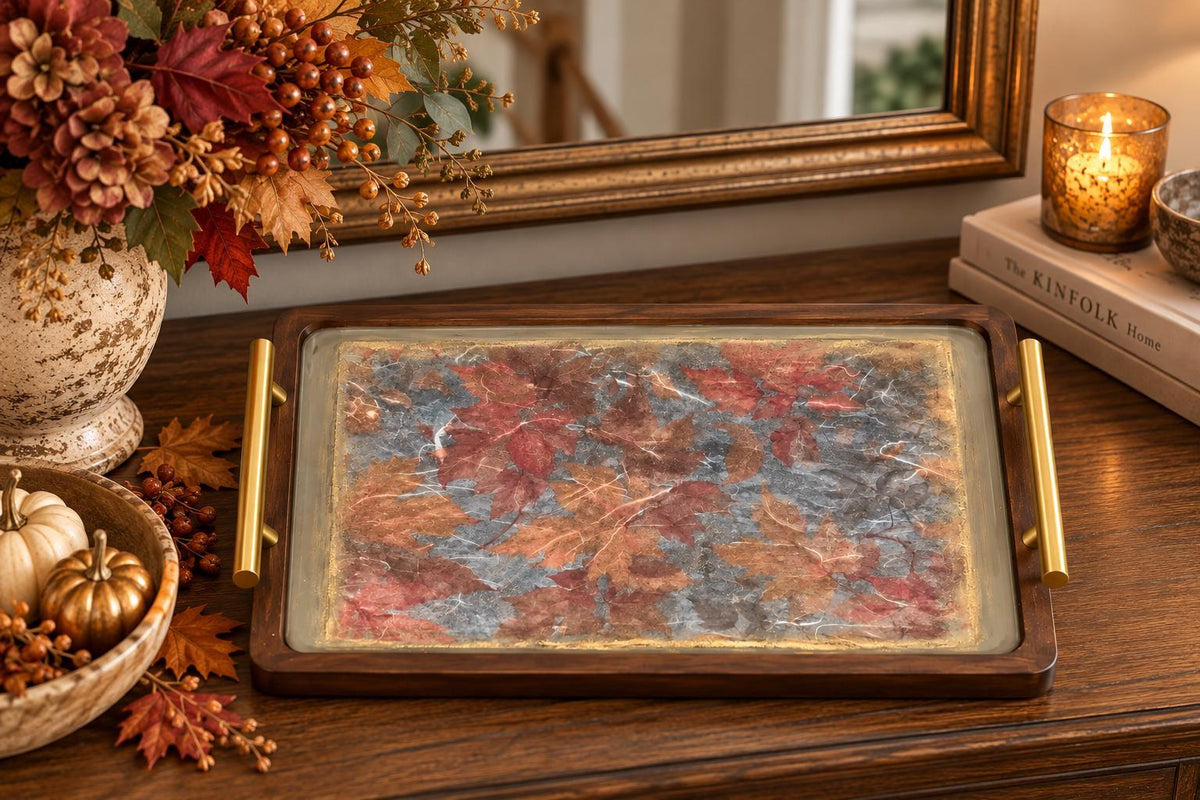 Fall Decorative Tray, Autumn Leaves Wood, Gold Handles, 14"x9.25"