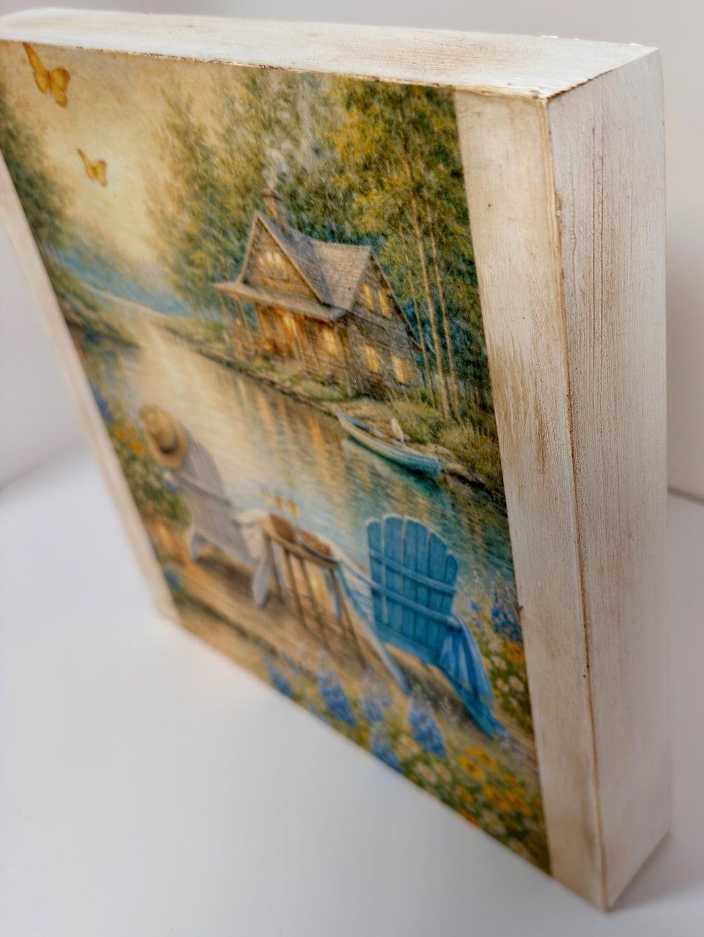 a serene lakeside cabin surrounded by lush greenery, with a peaceful atmosphere.
