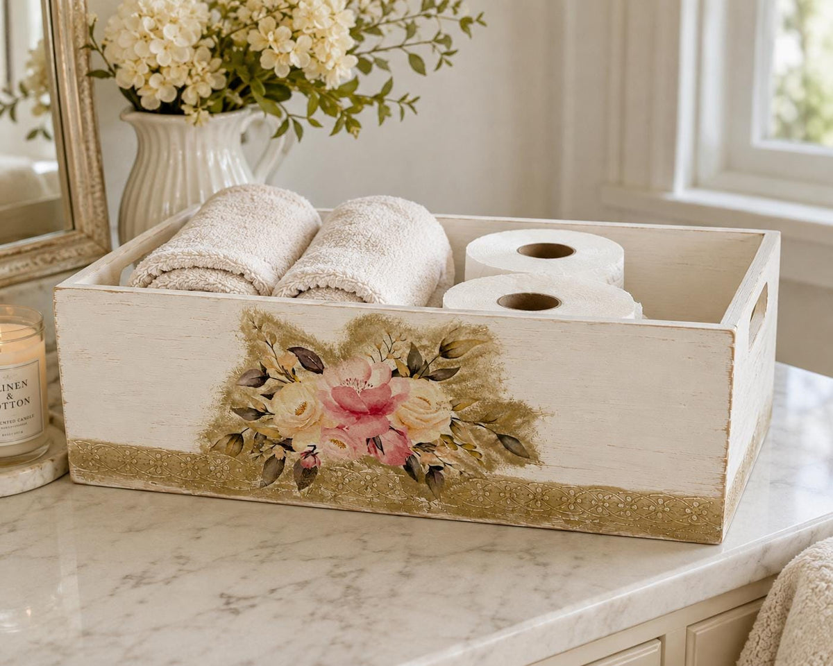 Shabby Chic Wood Crate, Whitewashed Rose Box 14"x9.75x4.75 by Mikela Lindel Home