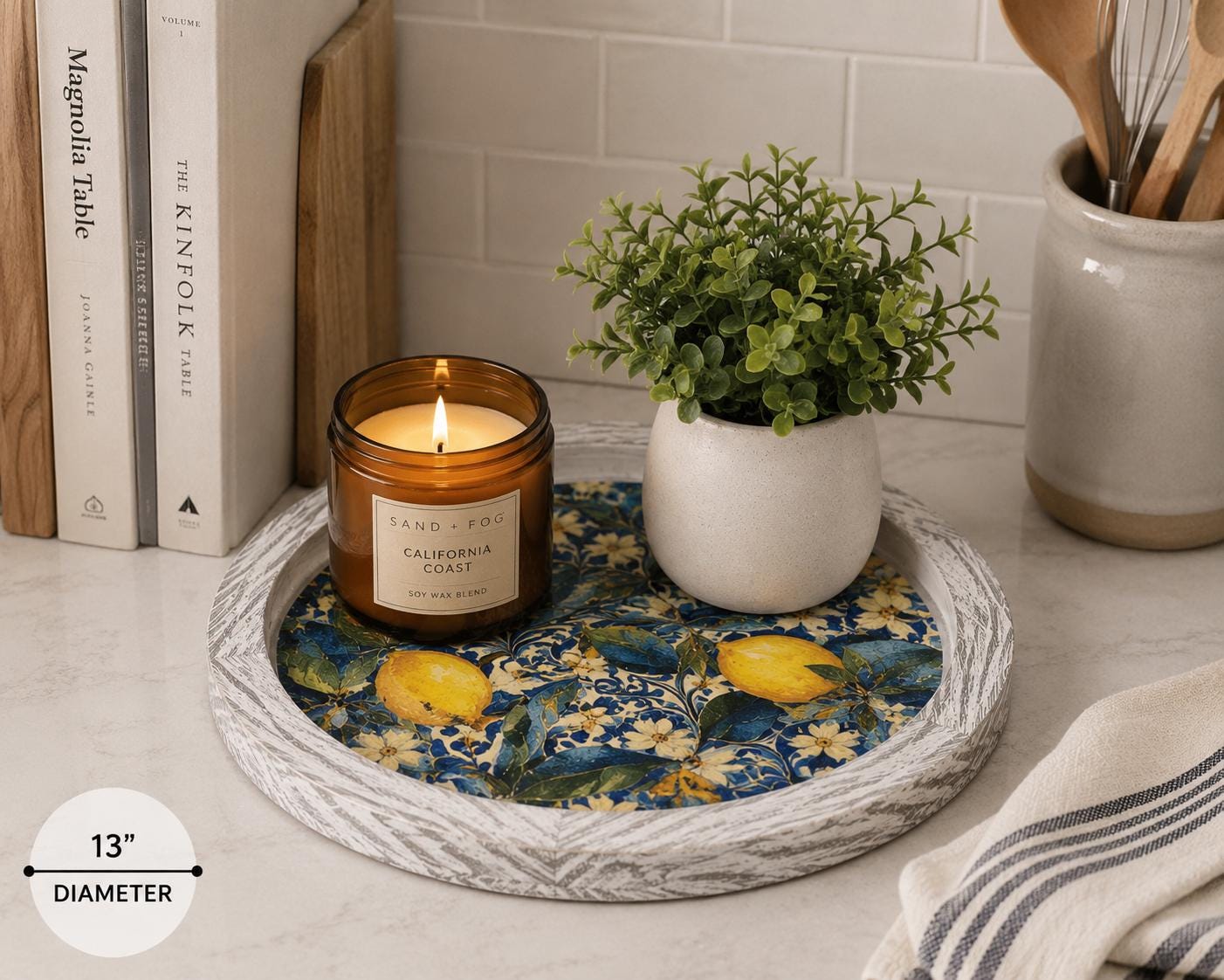 Distressed Whitewashed Lemon Blossom Tray: 11.25"