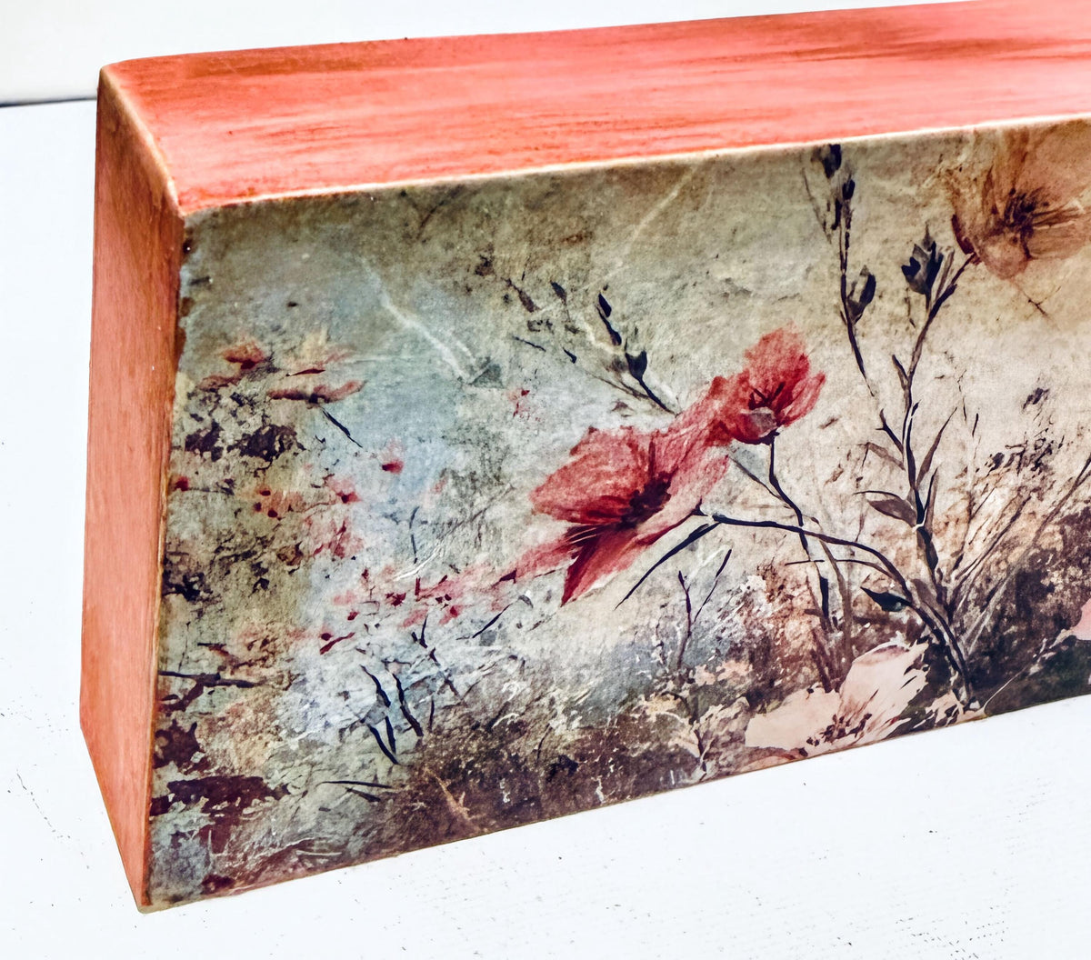 Rustic Floral Wood Block, Pink Poppy Wildflowers, 5x3 Home by Mikela Lindel Home