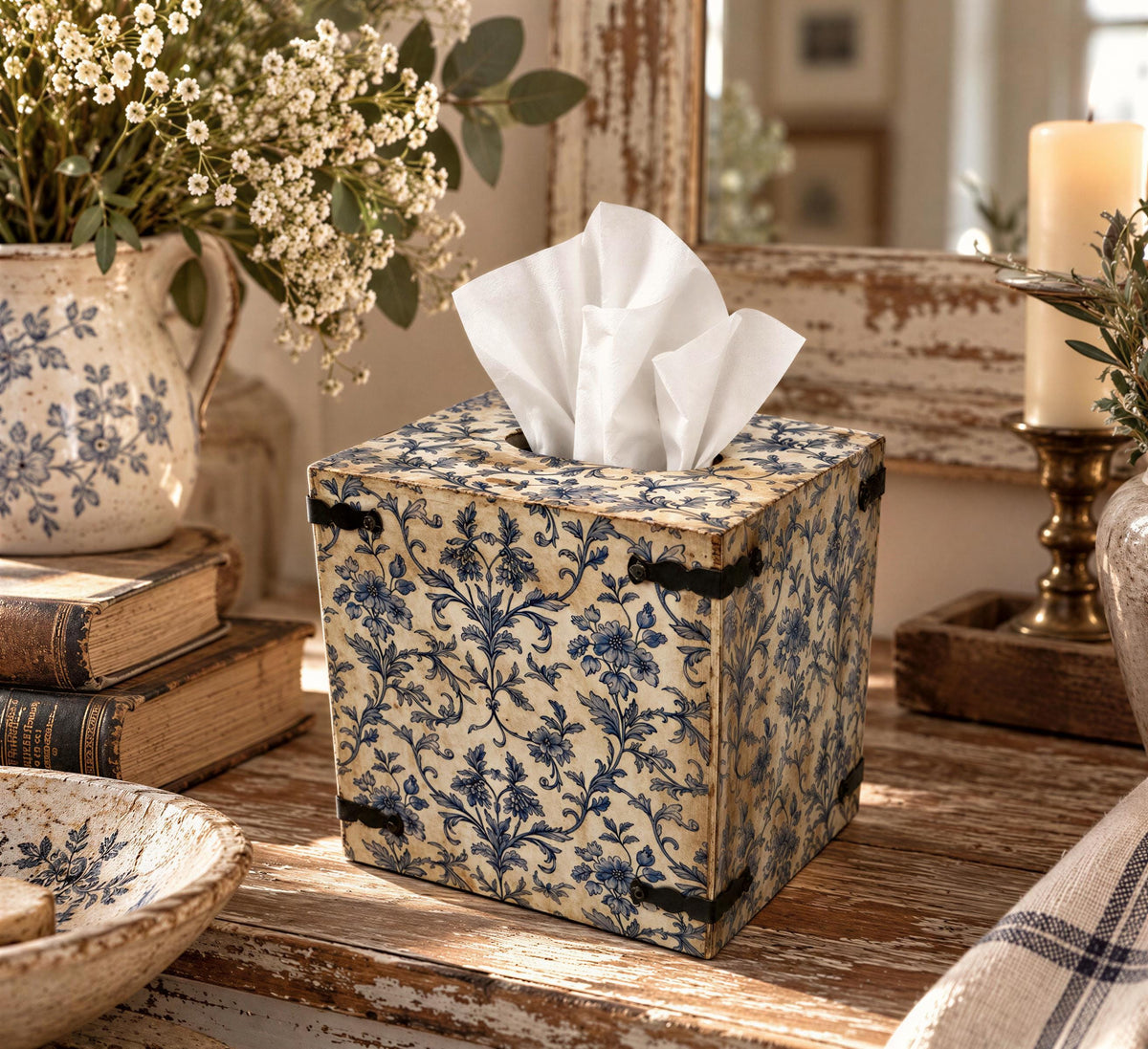 A decorative tissue box with a blue and white floral pattern sits on a wooden surface, surrounded by various decorative items such as books, a vase, and a candle.