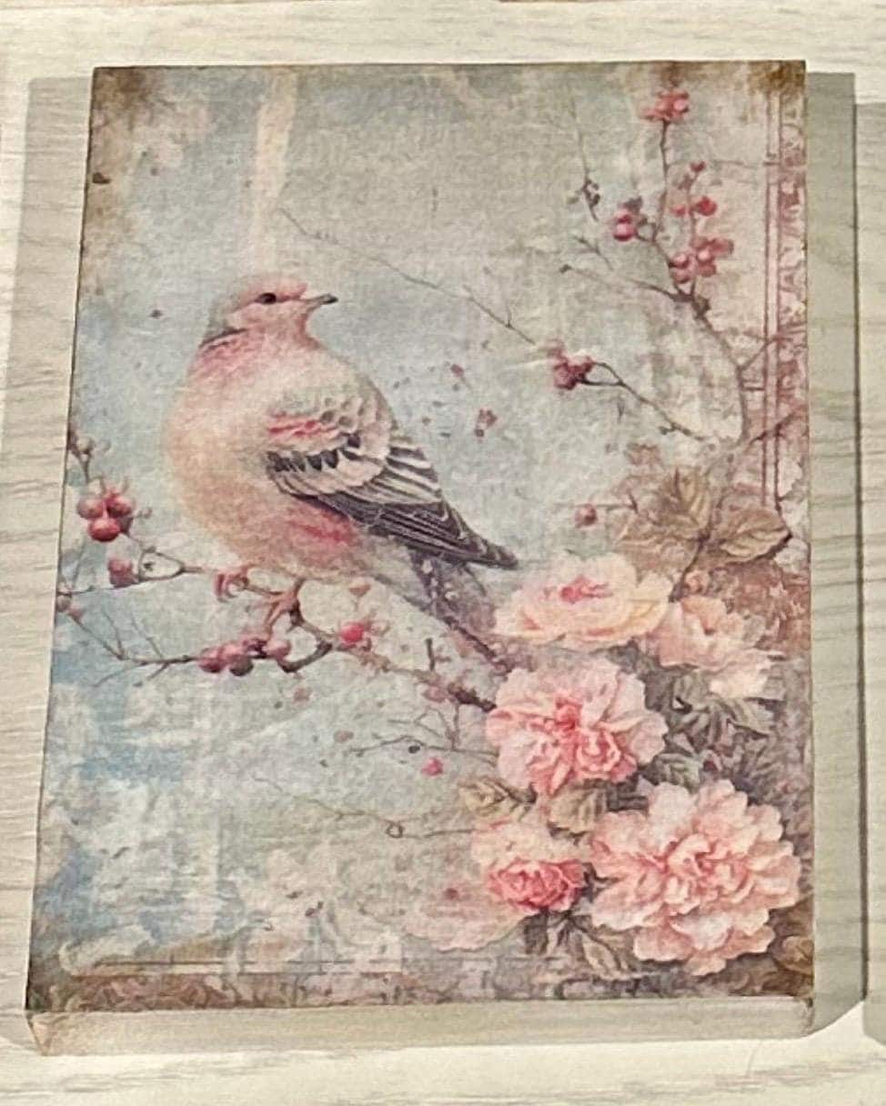 Handmade Songbird Wall Art, Roses, 5x7 Wood Block Decor | Cottage Style by Mikela Lindel Home