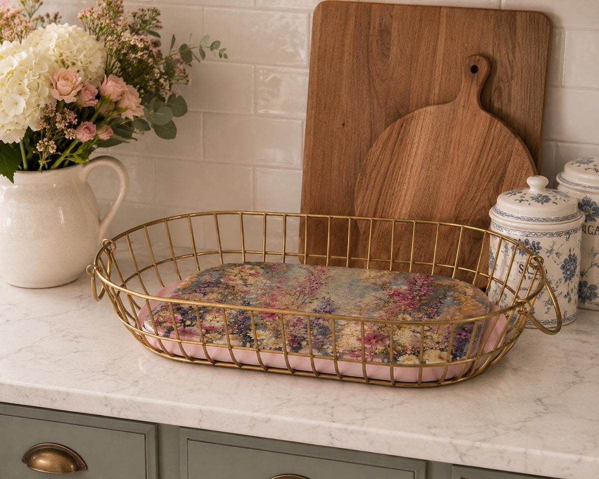 Floral Wire Storage Basket, Gold Metal with Colorful Cottagecore Base, 15" x 8" by Mikela Lindel Home