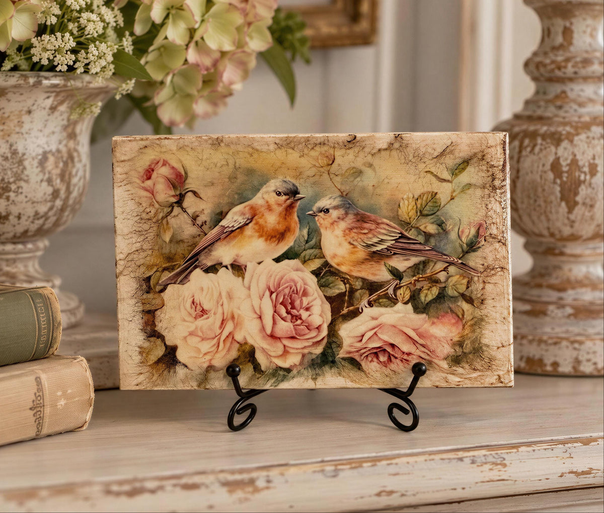 a vintage-style painting of two birds perched on a branch with pink roses, displayed on a stand. The painting is surrounded by a vase of flowers, books, and a lamp, creating a cozy and nostalgic atmosphere.