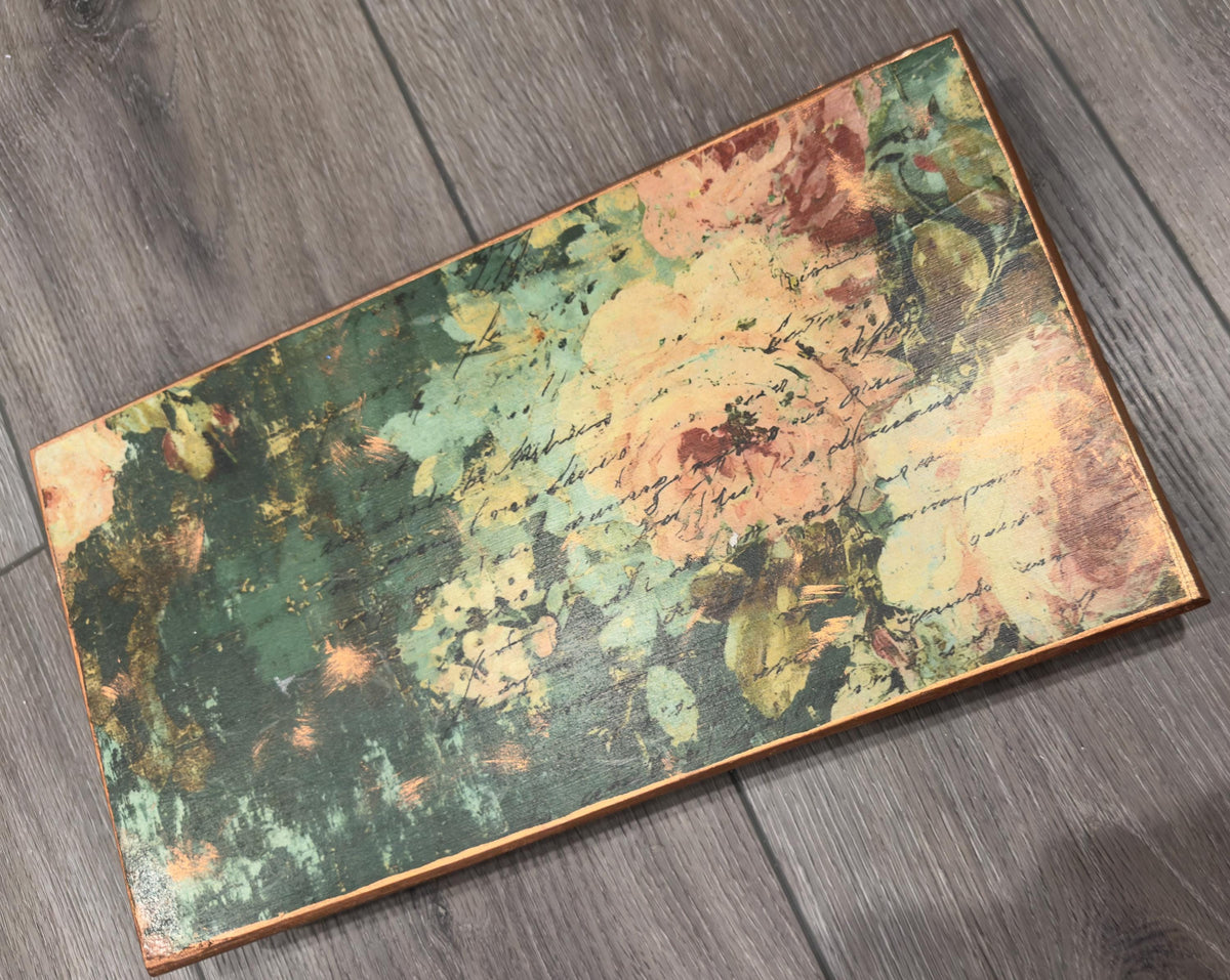 Wood Display Riser, Vintage Green Floral, 15 X 8 Inch Art Tray by Mikela Lindel Home