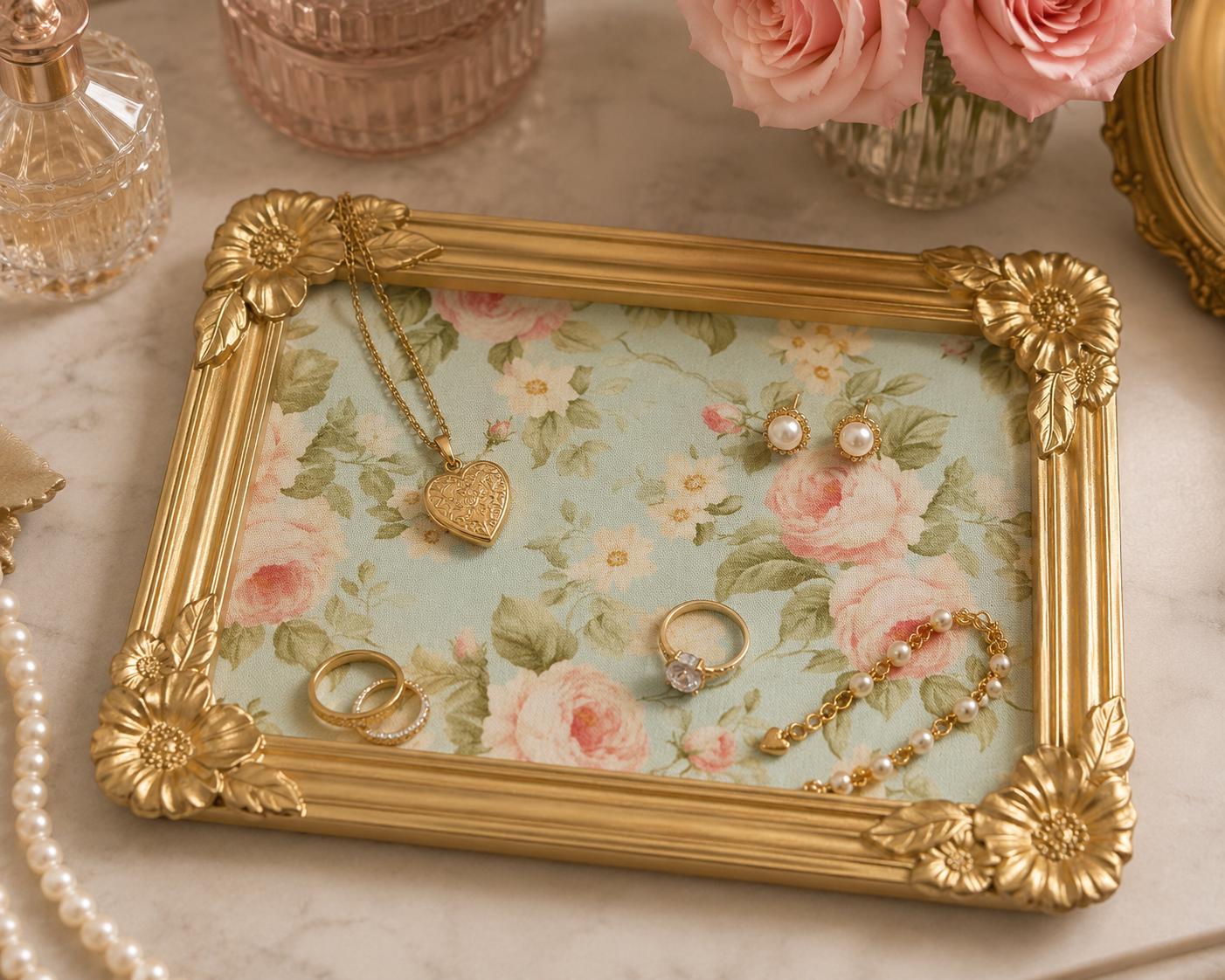 Gold Floral Vanity Tray: 8”x6.25"