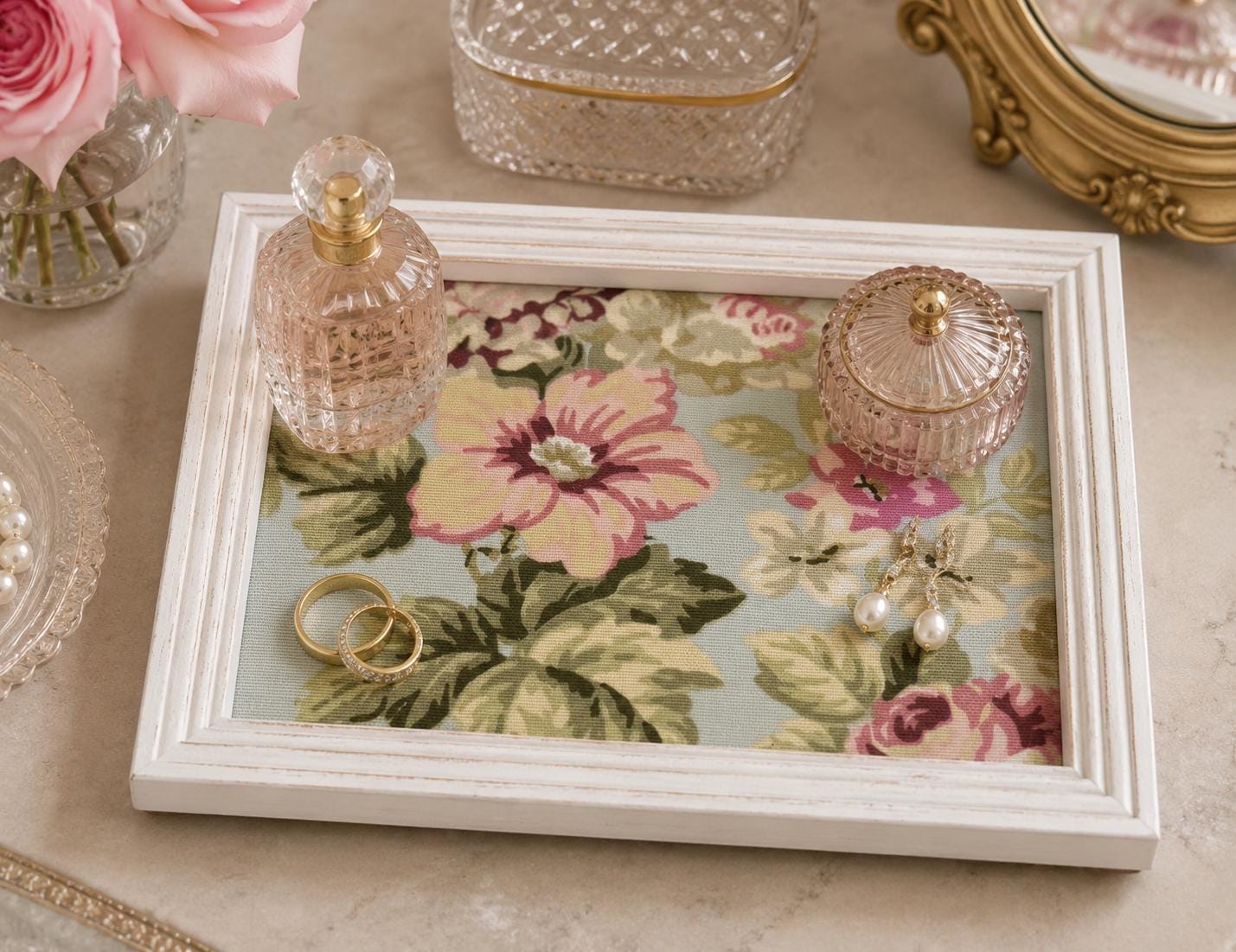 White Floral Vanity Tray: 8”x6”