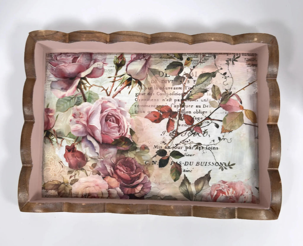 Decorative Floral Tray, Dusty Rose Wood, Wavy Edge 14.25x10.25