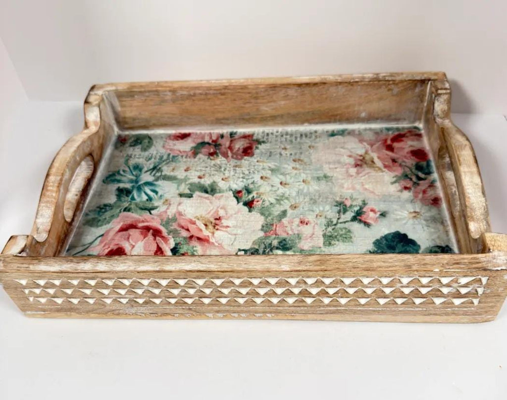 Floral Decorative Wood Tray, White Distressed Finish, 14 X 10 In
