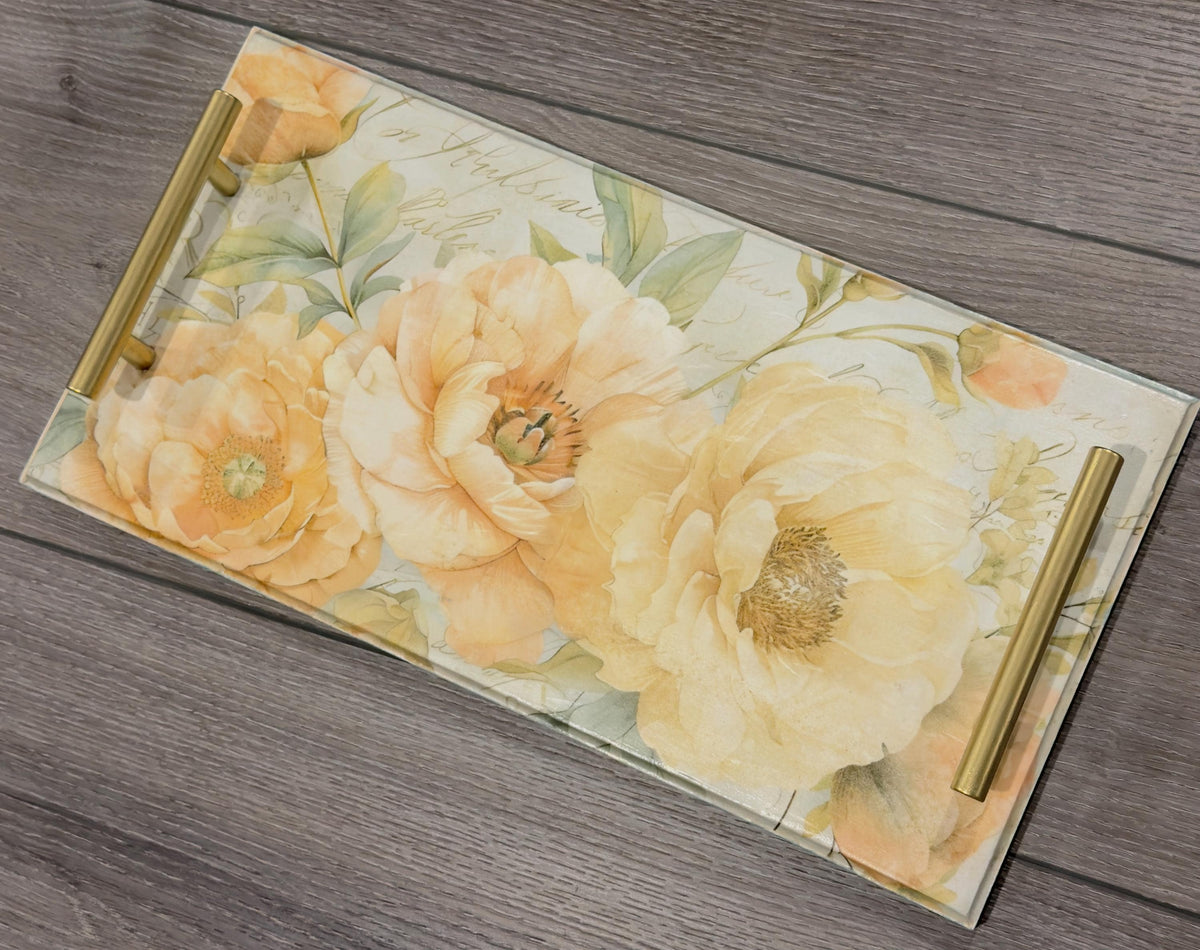 Floral Decorative Tray, Peach Botanical Accent, 15.75 X 8 In, Gift by Mikela Lindel Home