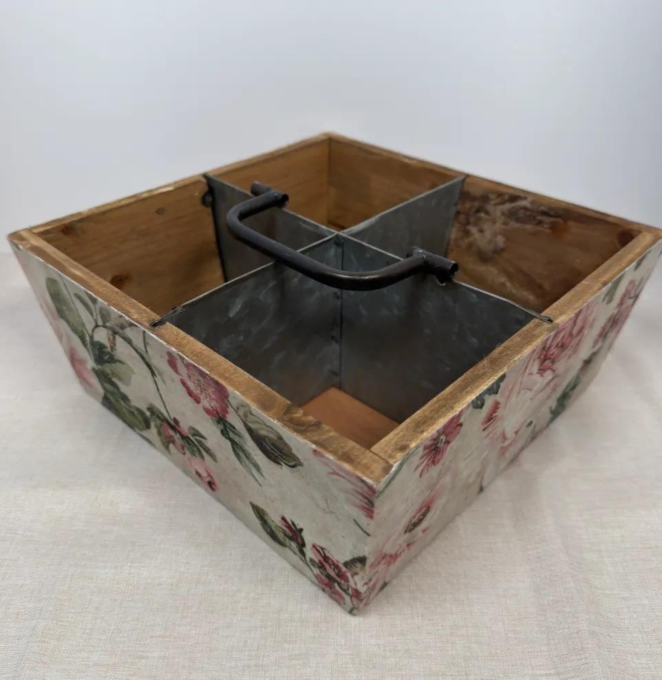 Floral Garden Tool Caddy, Wooden Organizer, 9.5 x 9.5 x 4 Inch