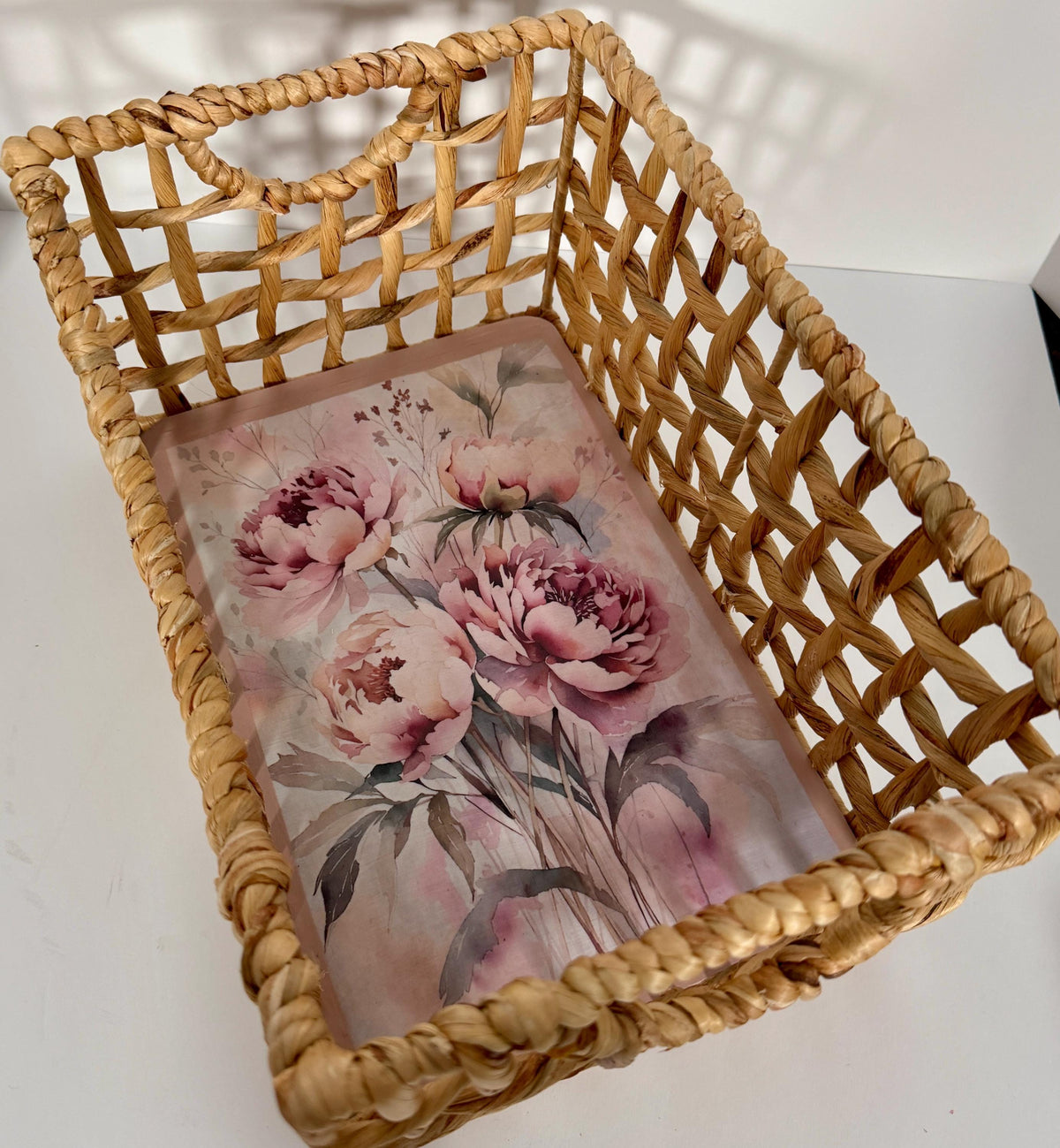 Woven Storage Basket, Peony Decoupage, 13.5 X 9 Inch Decorative Bin by Mikela Lindel Home