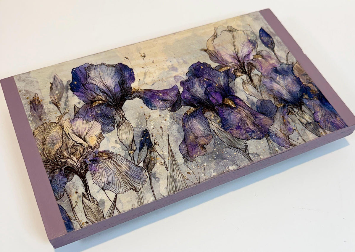 Wooden Floral Riser, Purple Iris Decor, 12 X 7, Lavender Art Feet by Mikela Lindel Home