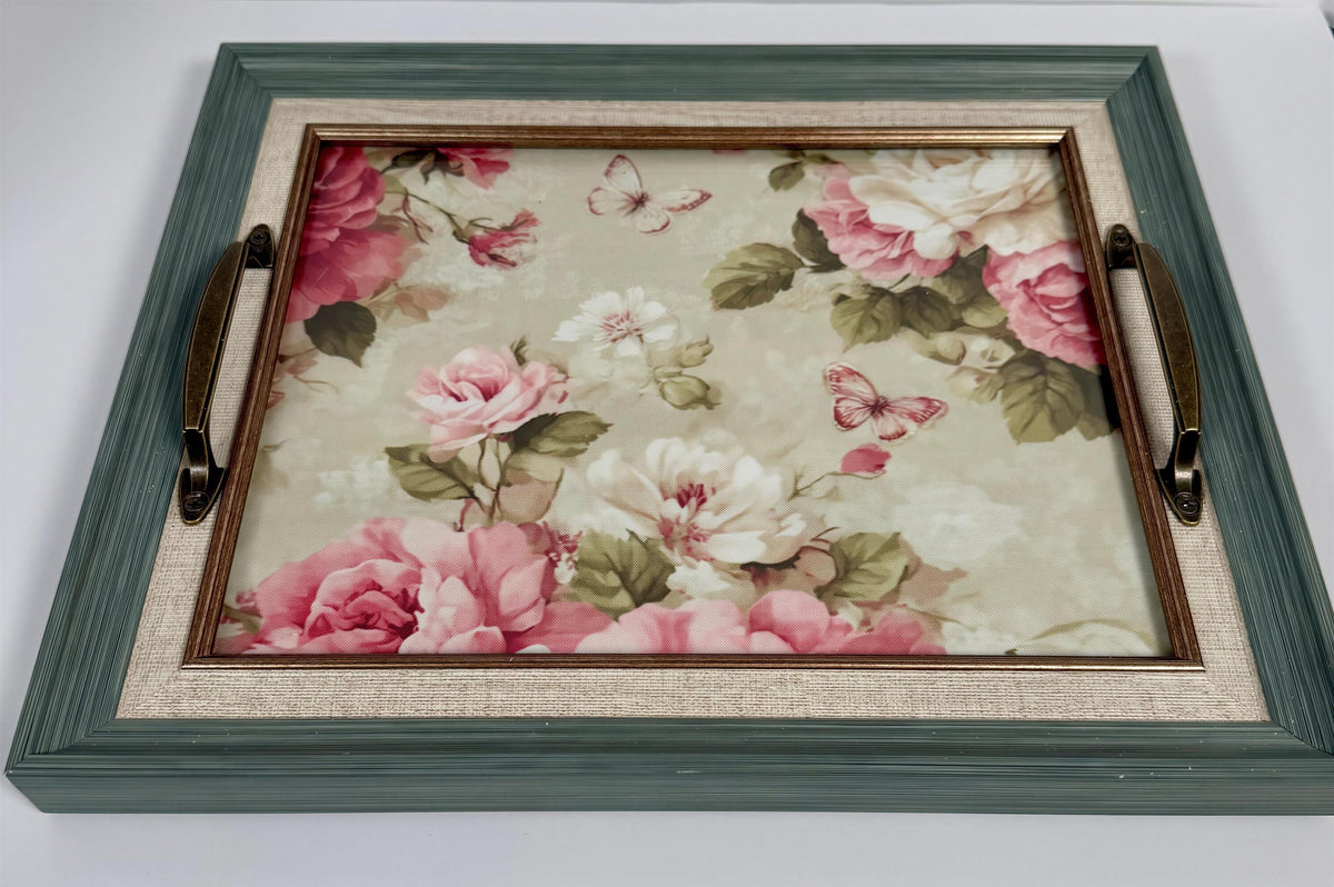 Floral Vanity Tray, Green Decor, Brass Handles, 12.5 X 10.5 In by Mikela Lindel Home