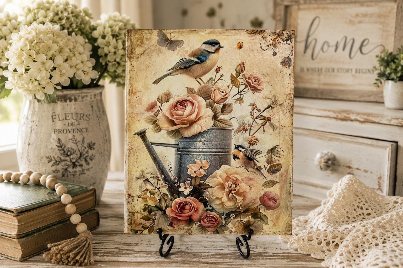 Bird, Roses, and Watering Can: 8"x10"