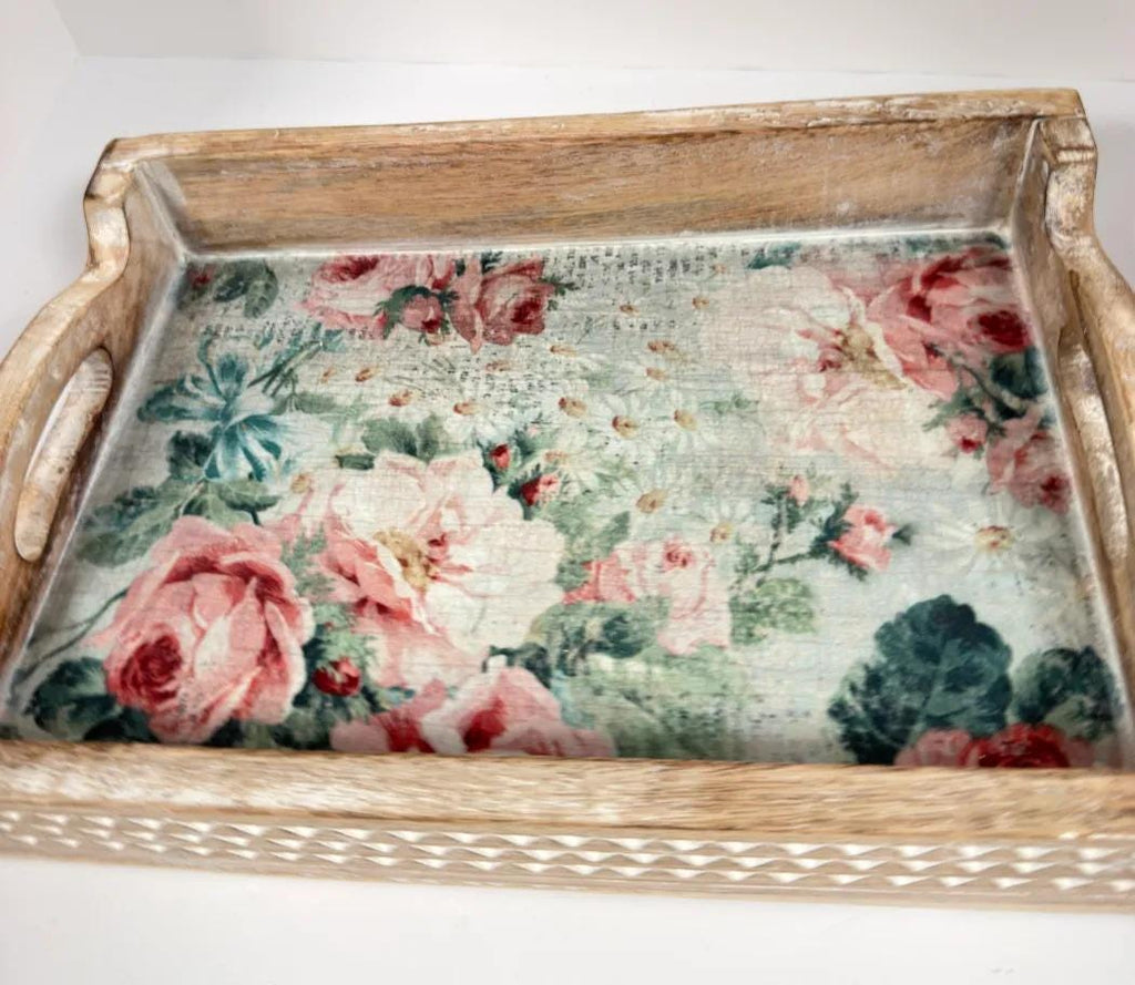 Floral Decorative Wood Tray, White Distressed Finish, 14 X 10 In