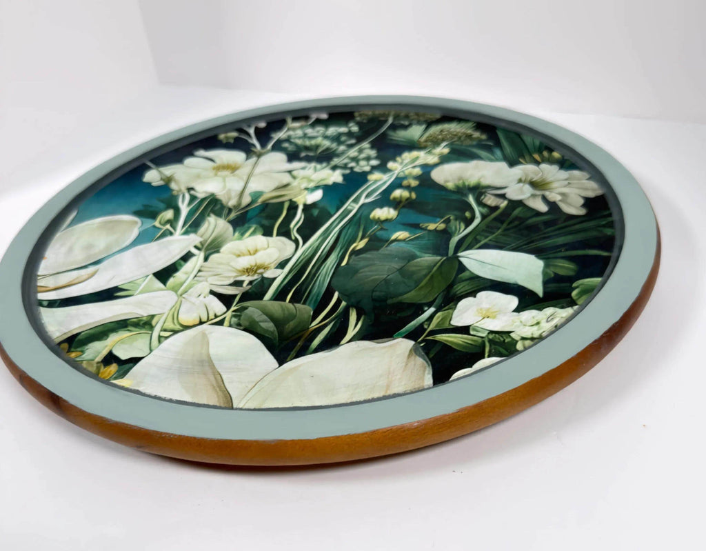 Floral Lazy Susan, Botanical Blue Green Wood Turntable, 14 Inch by Mikela Lindel Home