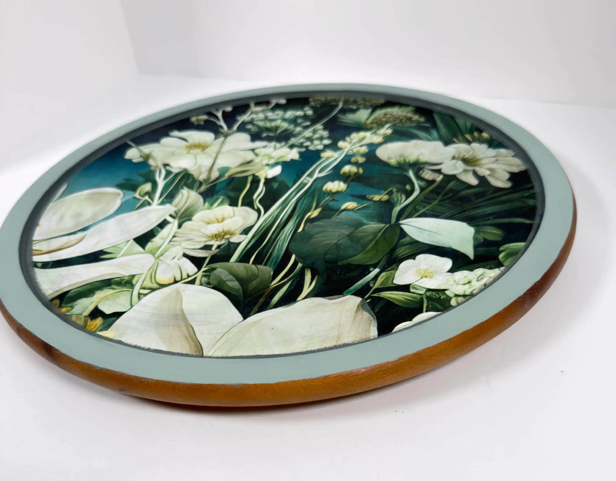 Floral Lazy Susan, Botanical Blue Green Wood Turntable, 14 Inch by Mikela Lindel Home