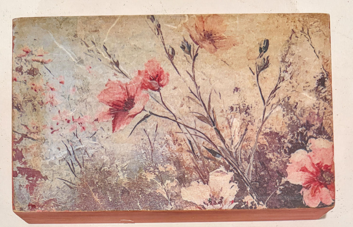 Rustic Floral Wood Block, Pink Poppy Wildflowers, 5x3 Home by Mikela Lindel Home