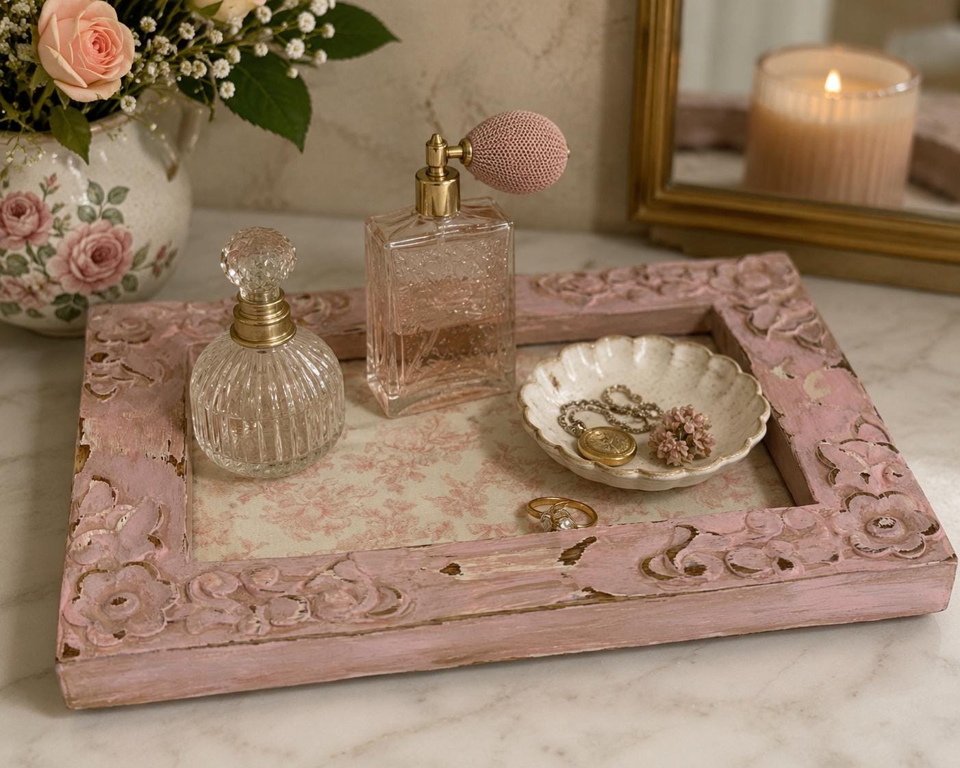 Antiqued Rose Jewelry Tray: 9"x7"