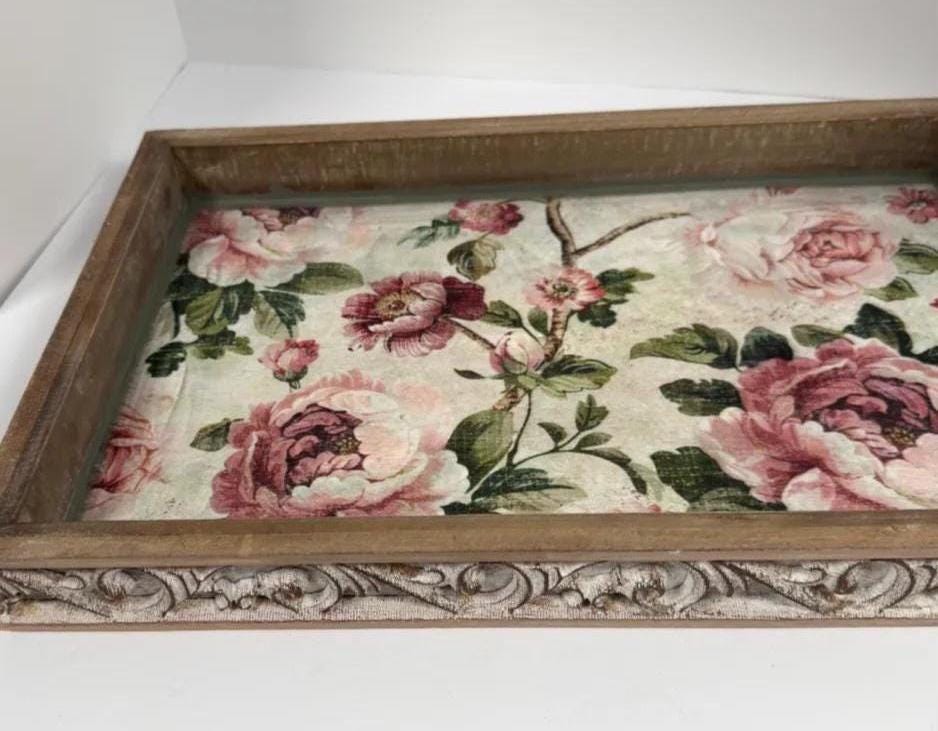 Shabby Chic Serving Tray | Pink Rose Decoupage Wood Tray 16.5x10.75 by Mikela Lindel Home