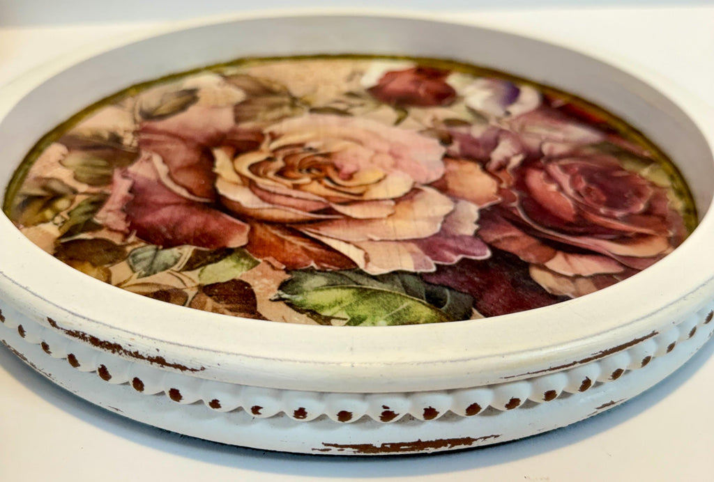 Vintage Floral Tray | Roses, 11.5-Inch Round Decoupage Tray by Mikela Lindel Home