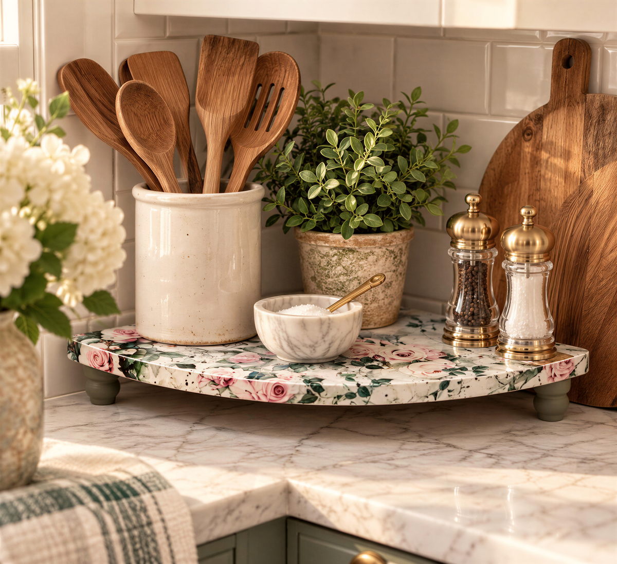a kitchen counter with various kitchen utensils and decorative items. There are wooden spoons, a bowl, a potted plant, and a vase on the counter. The counter has a floral pattern and is made of marble.