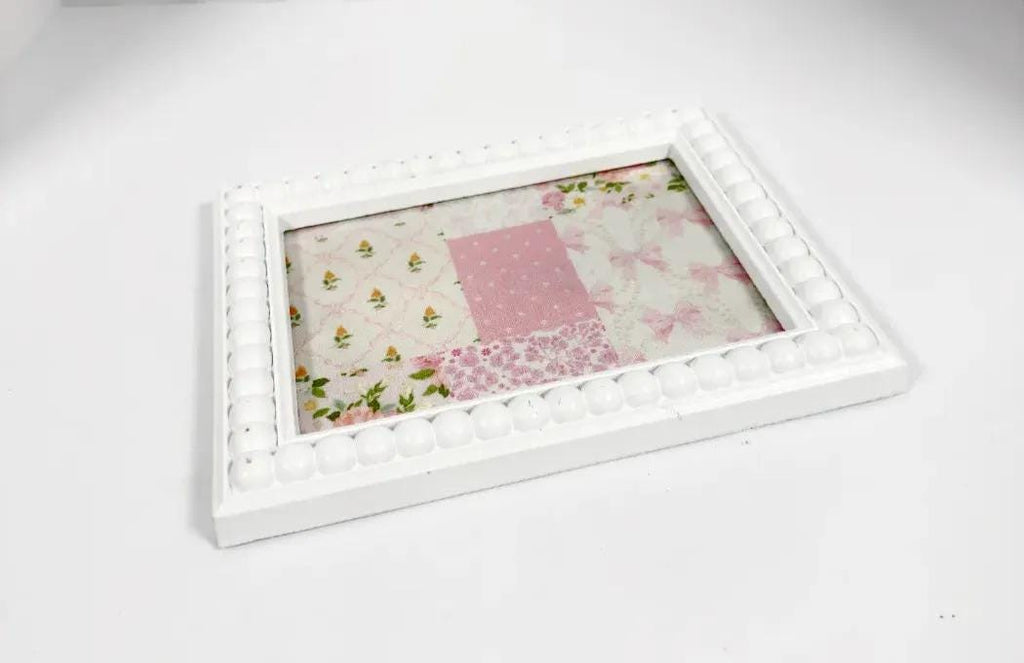 Decorative Baby Shower Tray, White Beaded Pink Patchwork, 6.5x8.5