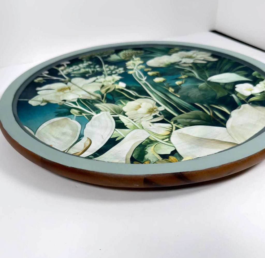 Floral Lazy Susan, Botanical Blue Green Wood Turntable, 14 Inch by Mikela Lindel Home