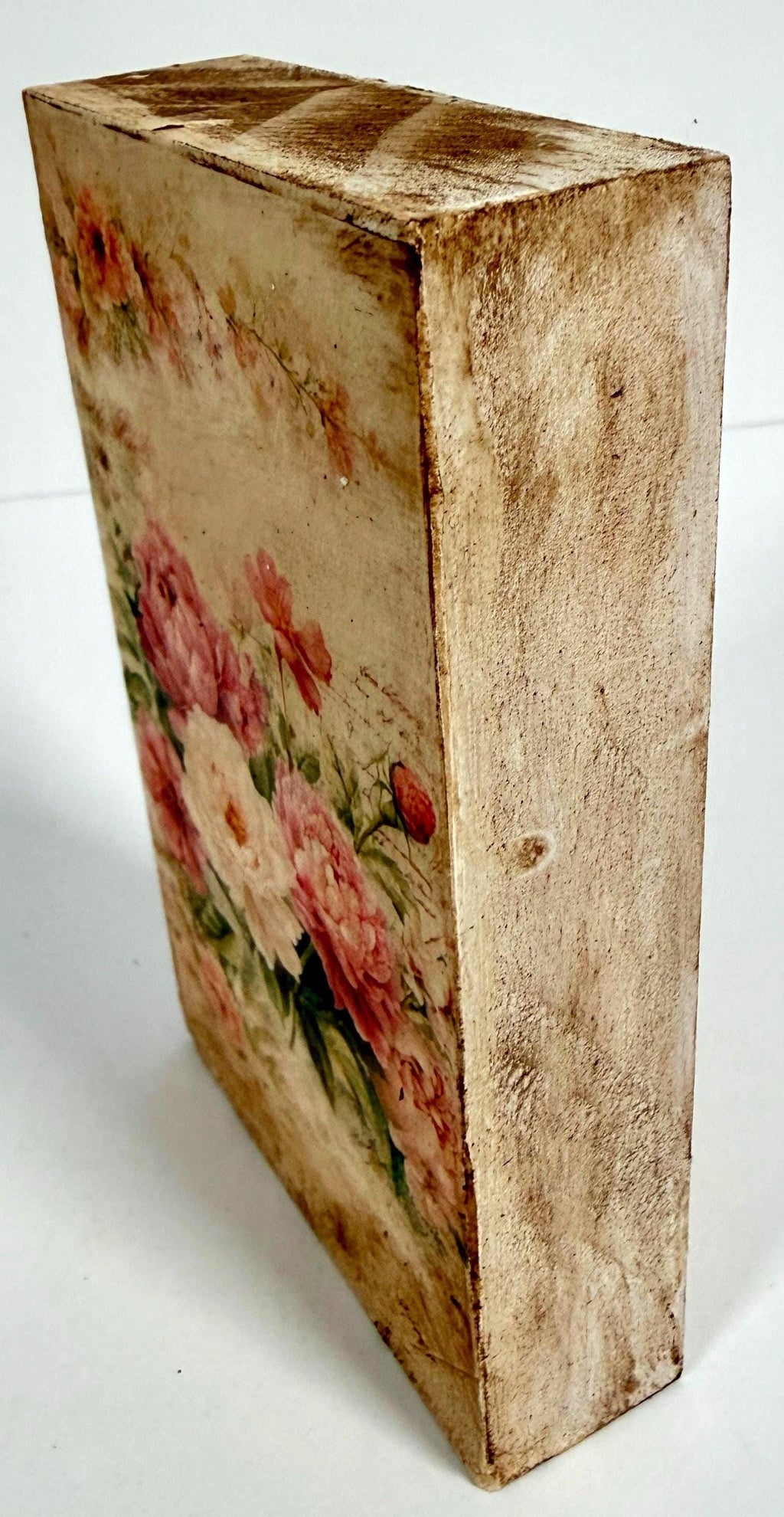 Vintage Floral Wood Block, Antique Pink Peony, 3"x5" Self-Standing by Mikela Lindel Home