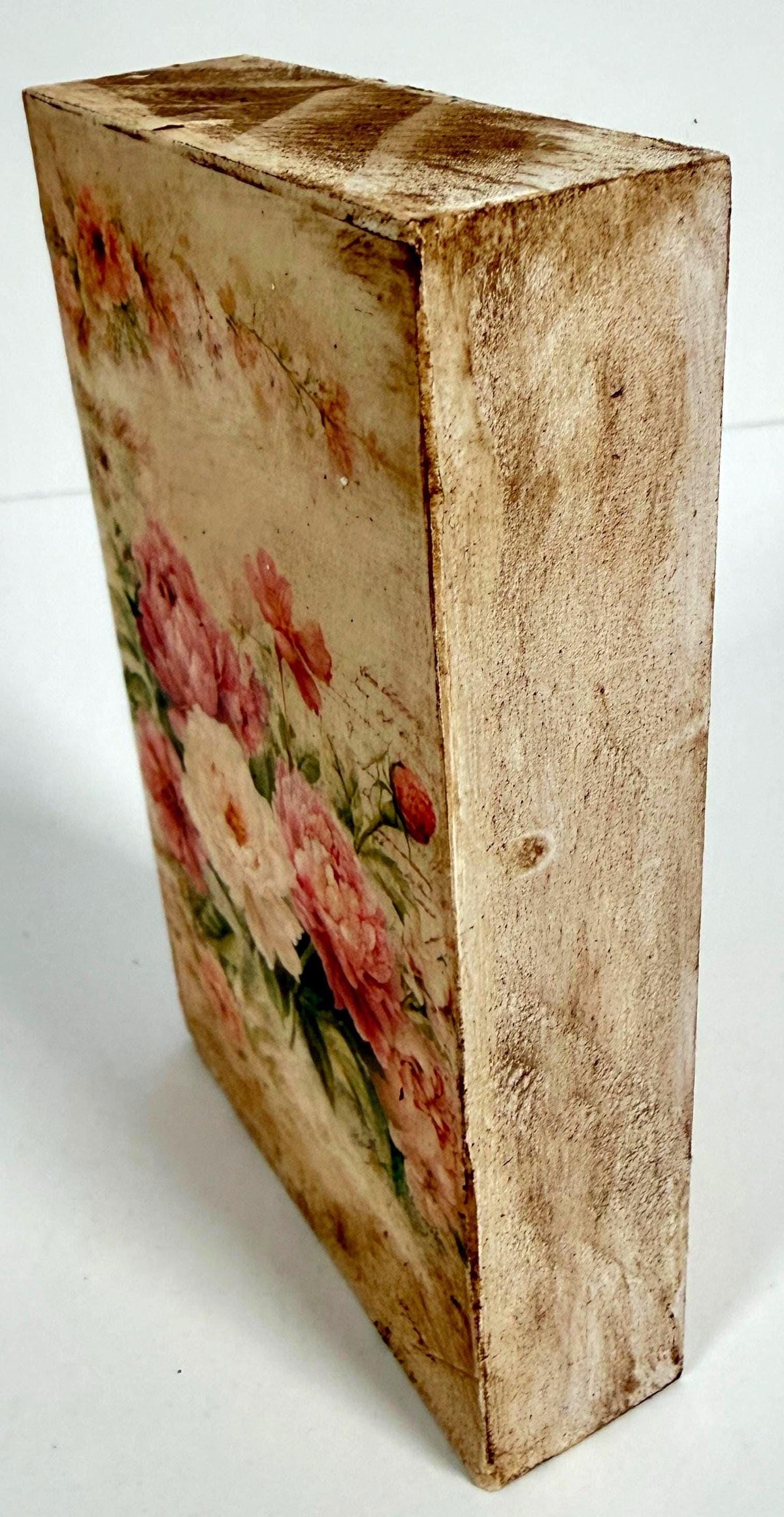 Vintage Floral Wood Block, Antique Pink Peony, 3"x5" Self-Standing by Mikela Lindel Home