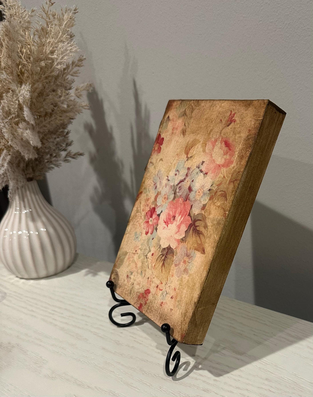 Floral Wood Block Art, Vintage Farmhouse Floral, 5"X7" Shelf Decor by Mikela Lindel Home