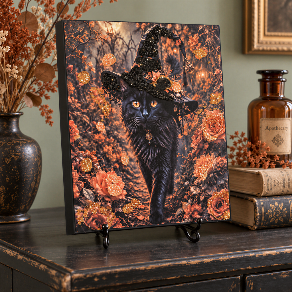 A framed print of a black cat wearing a witch's hat, surrounded by autumn foliage and flowers, is displayed on a wooden surface.