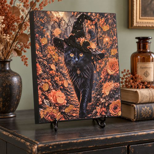 A framed print of a black cat wearing a witch's hat, surrounded by autumn foliage and flowers, is displayed on a wooden surface.