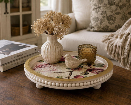 Decorative Floral Tray, 11.75 Inch Footed Wood Rose Riser, Handmade by Mikela Lindel Home