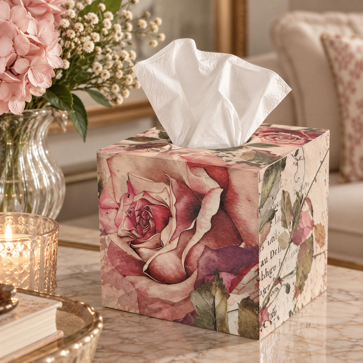 a decorative tissue box with a floral pattern, placed on a marble surface. The box has a white tissue paper dispenser and a candle in a glass holder.