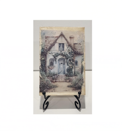 a charming cottage with a quaint porch, surrounded by lush greenery and flowers, creating a serene and picturesque scene.