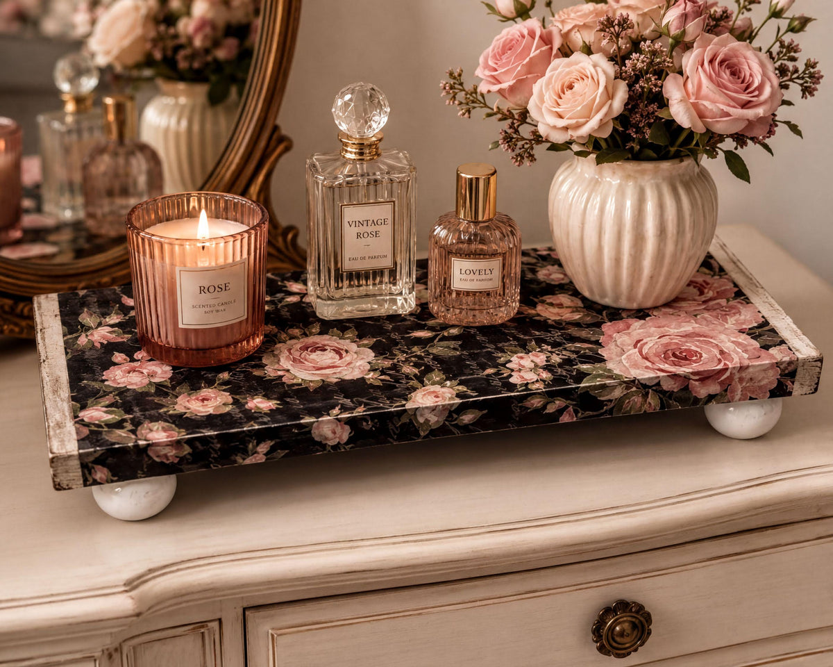 Gothic Wood Riser, Roses With Script, 12 X 5.5 In, Floral Tray by Mikela Lindel Home
